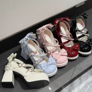 Five colorway variants of sweet lolita platform heels displayed flat lay including pink burgundy white blue and black with pearl straps and heart-shaped buckles