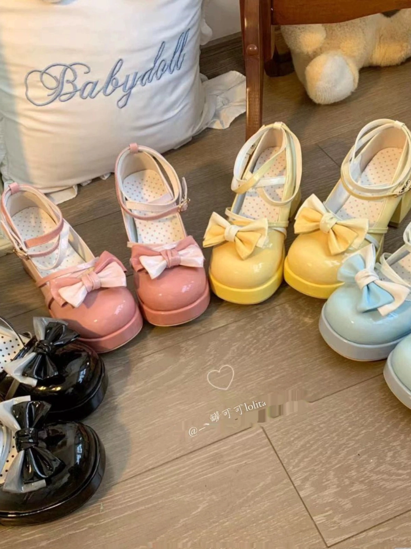 Comprehensive product lifestyle photograph of Sweet Lolita platform heels displayed with coordinating fashion pieces, accessories, and thematic Lolita aesthetic styling elements