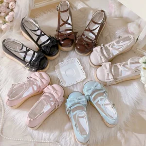 Flat lay top view of assorted sweet lolita platform heels on faux fur rug with decorative pearls showing criss-cross ankle straps bow ornaments and thick wooden soles