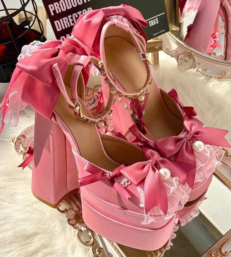Sweet lolita platform heels in pink with decorative embellishments and tulle details, complete coordinate styling reference image