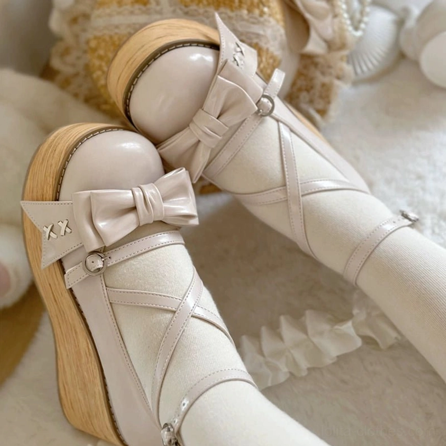 Sweet lolita platform heels styled coordinate featuring multiple color options with lolita skirt white ruffled socks and lace accessories in bedroom setting