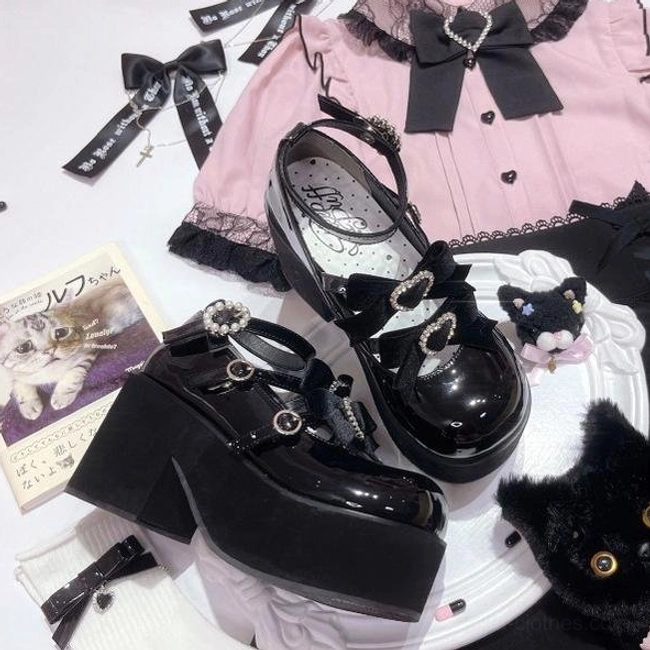 Sweet lolita platform heels velvet bow fabric detail shot showing color variation pink purple black textile quality