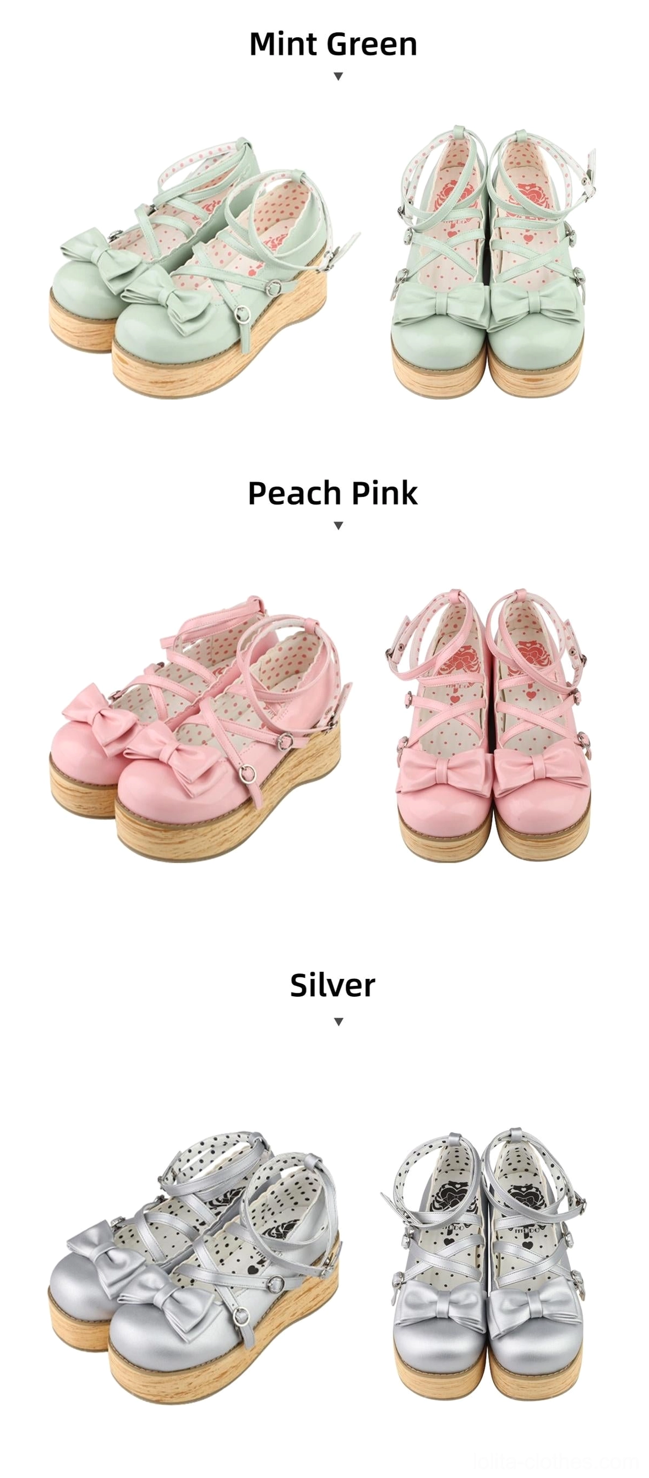 Peach pink mint green light pink silver sweet lolita platform shoes flat lay product showcase smooth leather finish ankle bow strap thick wooden platform sole