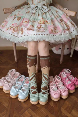 Lolita platform shoes overhead perspective dessert print dress pairing round closed toe bow strap design brown socks wooden platform heel sweet aesthetic coordination