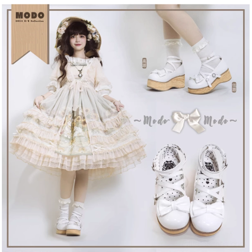 Sweet lolita platform Mary Jane shoes ankle strap detail with one-word buckle closure and cross strap design close-up view