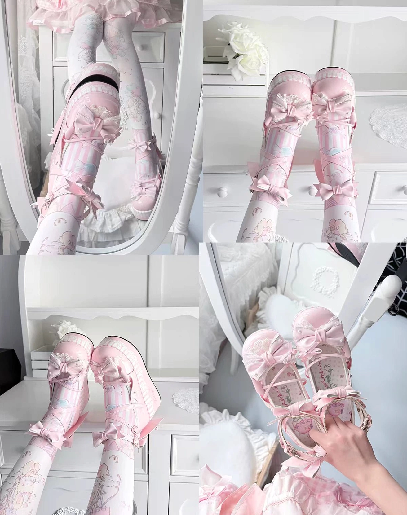 Sweet lolita platform Mary Jane shoes detail shot featuring adjustable snap button ankle strap, sponge cushioned insole, patterned platform heel providing comfort and height enhancement