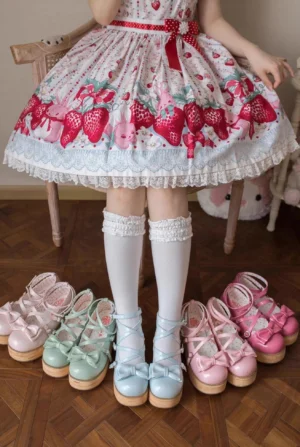 Sweet lolita platform mary jane shoes overhead flat lay view multiple color options patent leather finish cross bow ankle straps thick wooden platform sole strawberry themed dress styling