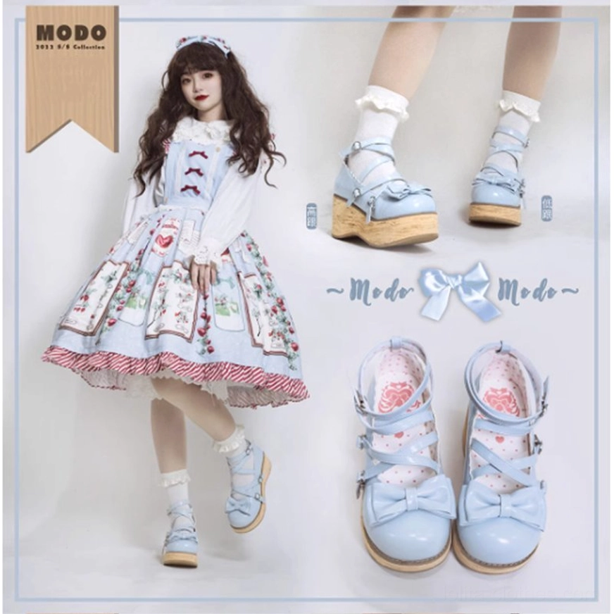 Sweet lolita platform Mary Jane shoes interior detail showing decorative printed lining with polka dots or hearts
