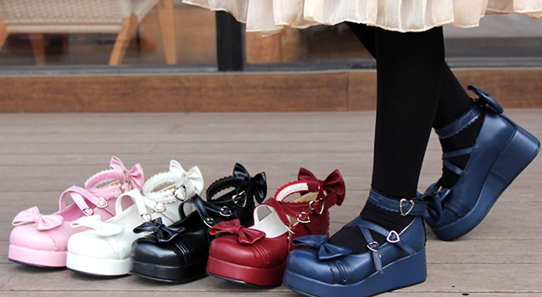 Sweet Lolita platform Mary Jane shoes lifestyle wearing photo detail showcasing ankle straps thick wedge platform soles and authentic lolita coordination