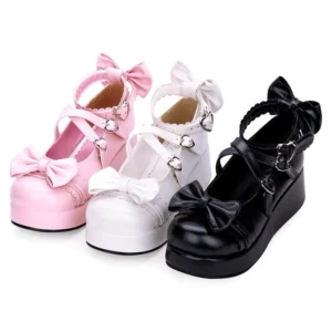 Sweet Lolita platform Mary Jane shoes flat lay display showing multiple colorway options with heart buckle straps and decorative bows