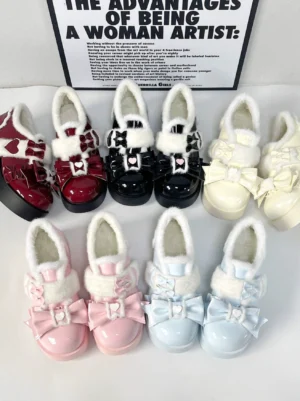 Flat lay top-down display of multiple color variants of Sweet Lolita winter warm platform Mary Jane shoes with heart bow details and fluffy plush lining in patent leather, showcasing black burgundy blue and cream options