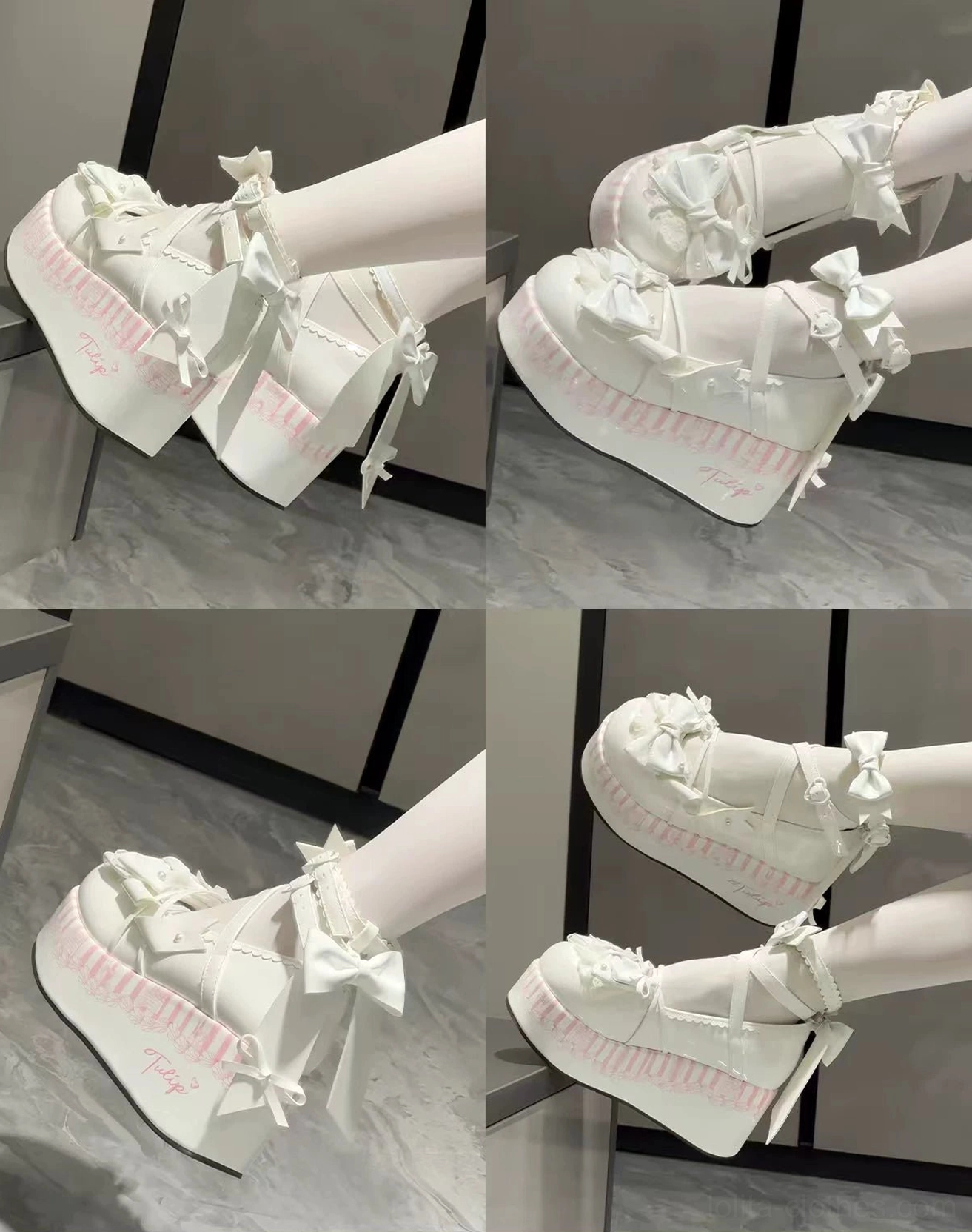 Sweet lolita platform Mary Jane shoes worn outfit coordination with pastel JSK dress Peter Pan collar blouse thigh high stockings demonstrating complete fashion aesthetic styling