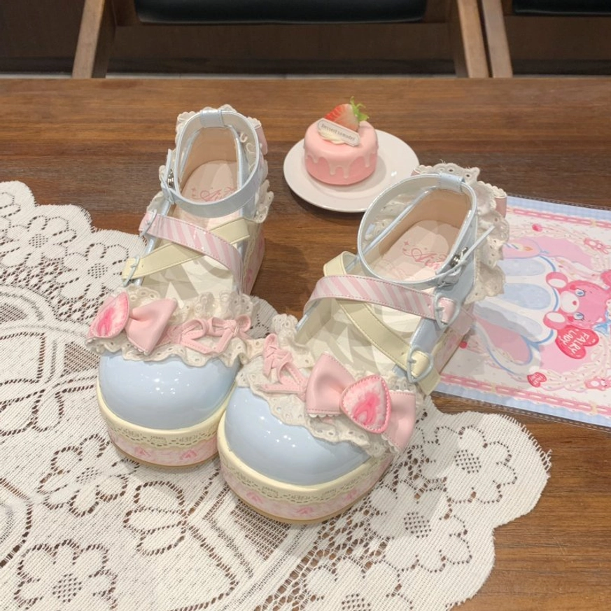Sweet lolita platform shoes multiple color variants arranged together displaying full color palette from coffee to candy color and classic pastels