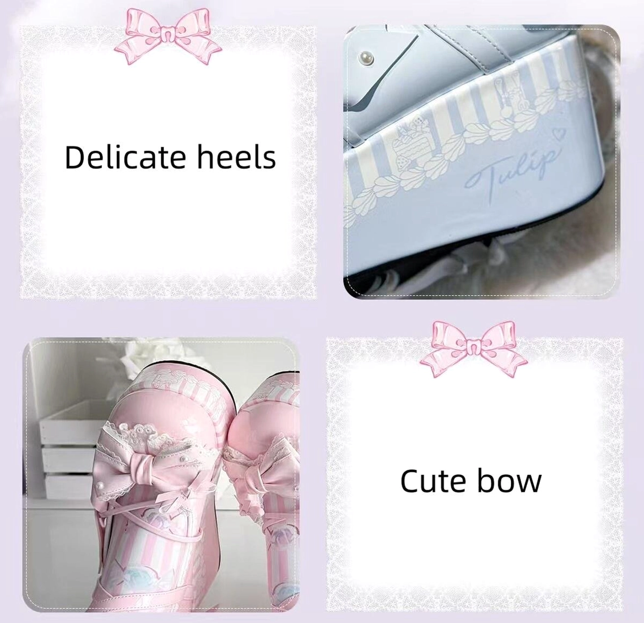 Sweet lolita platform shoes collection displaying multiple color variations and styles with various bow placements, lace details, and platform sole designs from flat lay perspective