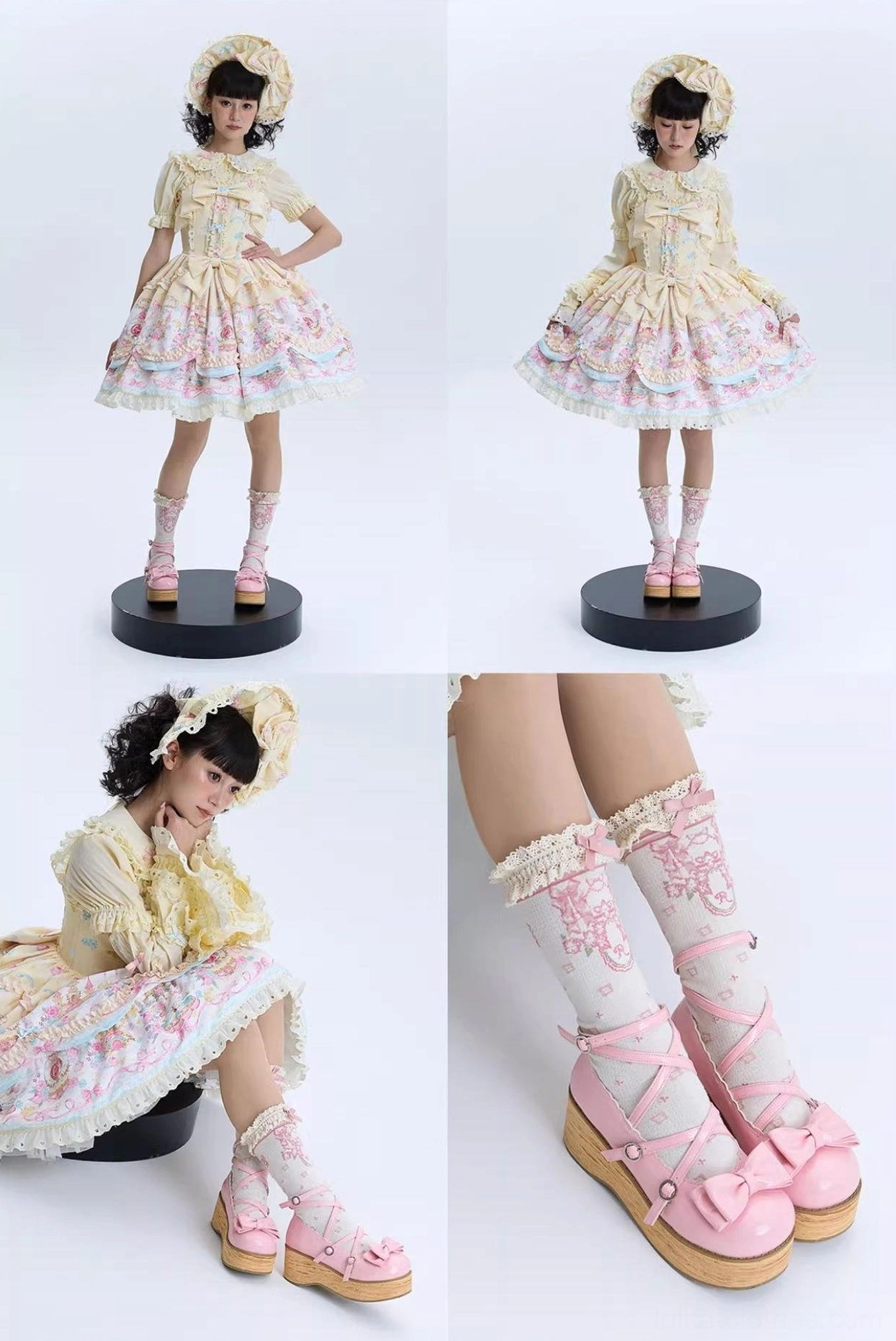 Sweet lolita platform shoes styling showcase collage multiple shooting angles doll display foot close up indoor studio matches classic lolita dress knee-high socks