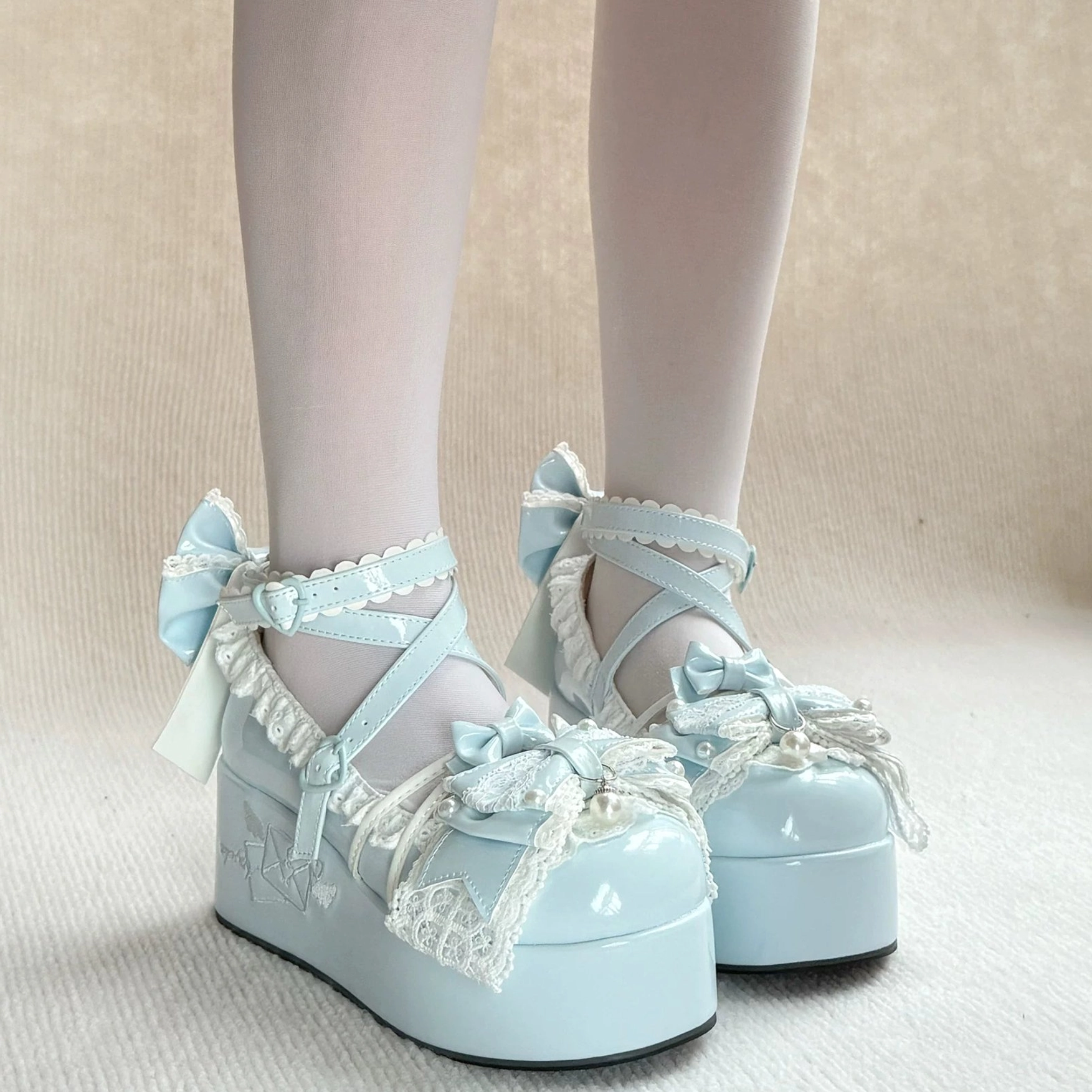 Sweet Lolita platform shoes styling example demonstrating how to coordinate with white lace socks, Lolita dress aesthetics, and overall Sweet Lolita fashion coordinate appearance