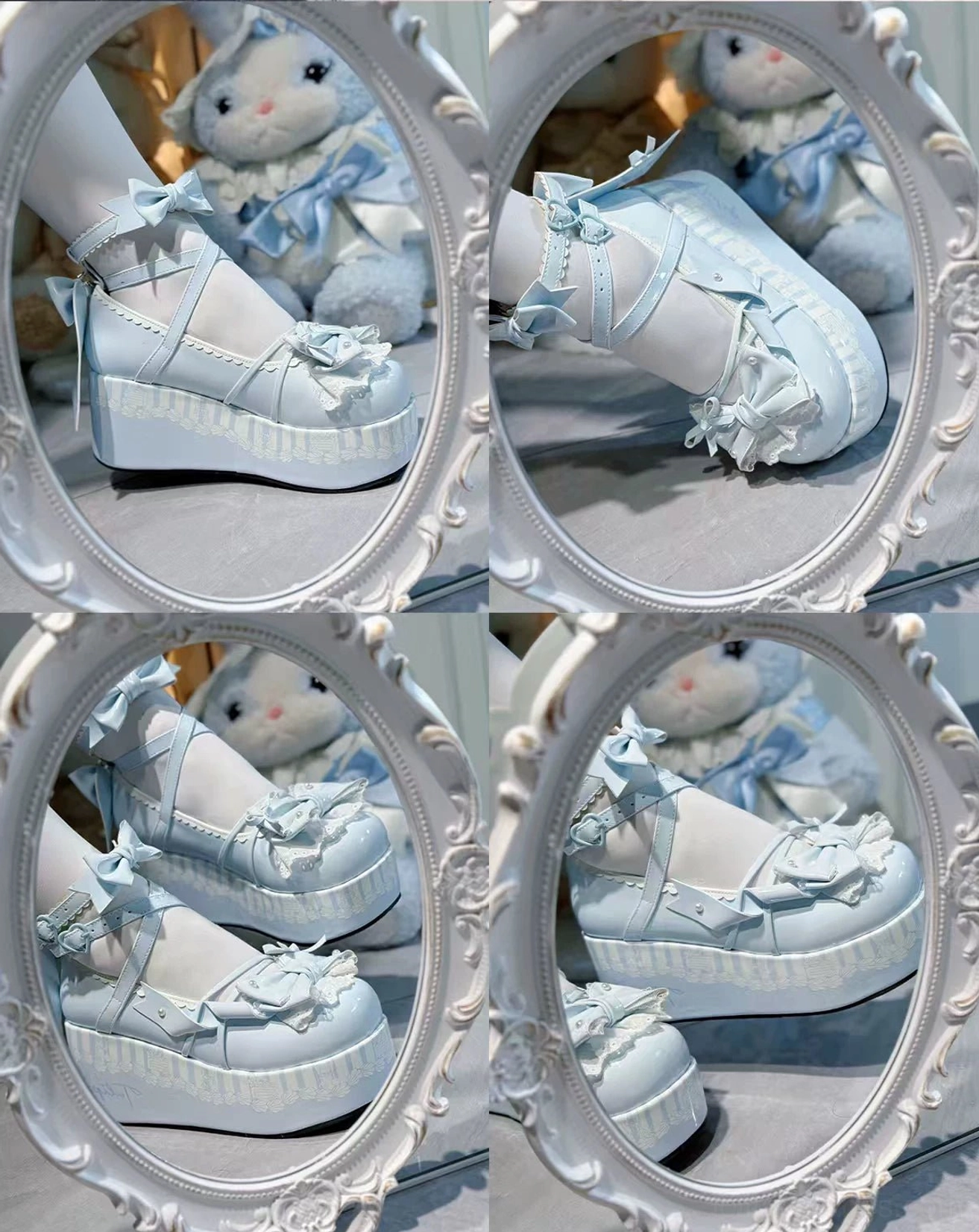 Sweet lolita platform shoes upper construction detail showing PU material quality, lace embellishments, decorative bows, and precise craftsmanship of upper design elements