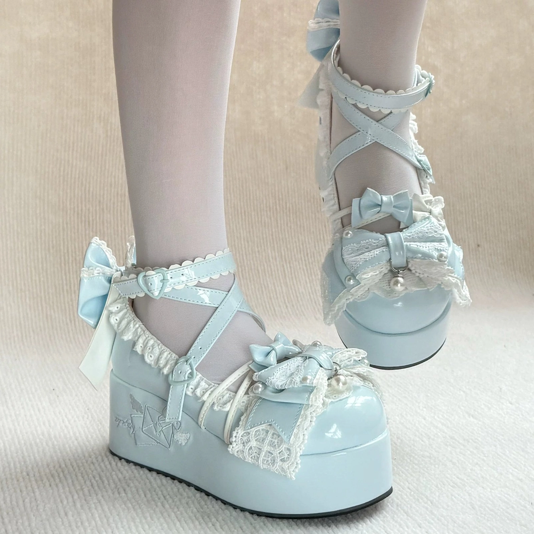 Sweet Lolita platform shoes waterproof sole close-up showing durable platform construction, grip pattern, structural integrity for comfort during extended wear, and patent leather durability