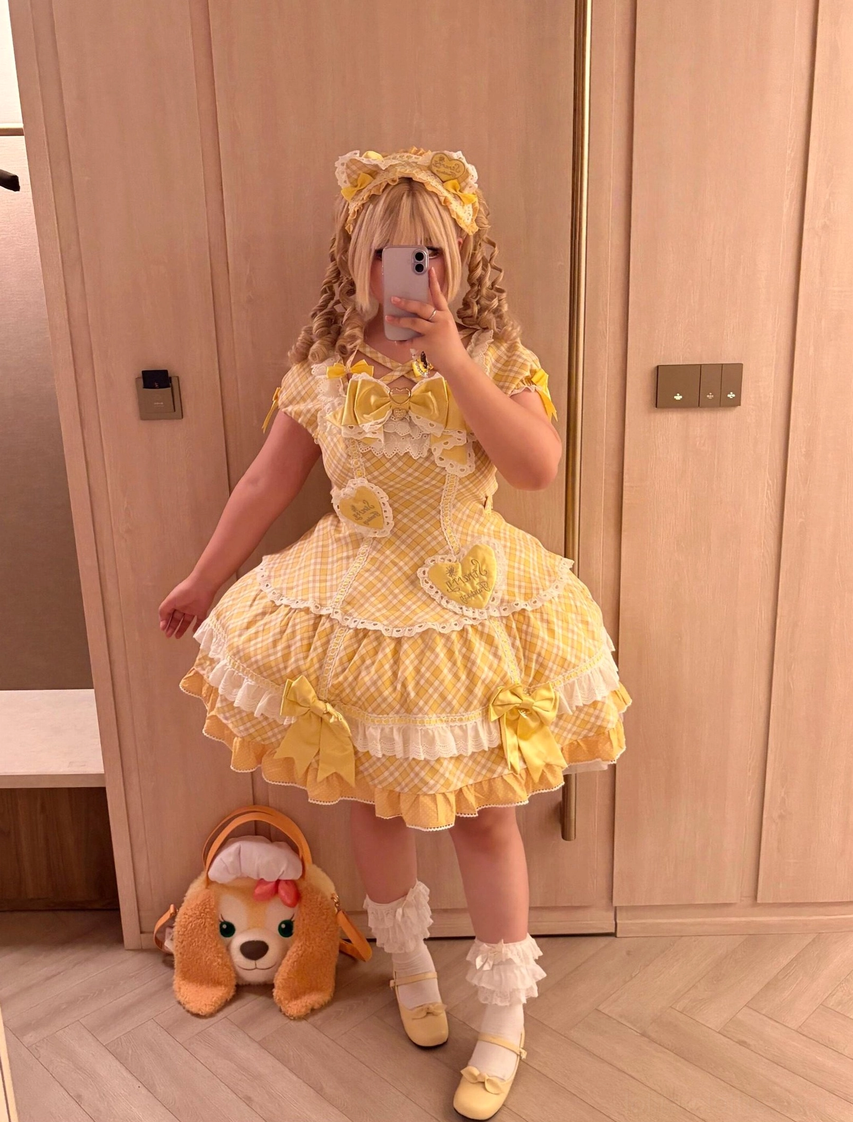 Sweet lolita plus-size plaid dress model wearing XL size showing proportional fit comfortable silhouette and detachable bow heart patch elements for body-positive fashion representation
