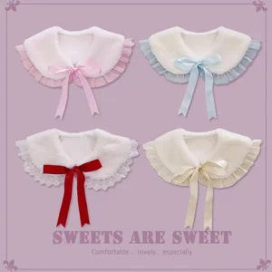 Four color options of Sweet Lolita plush false collars with satin bows and decorative ruffled edges on product display card