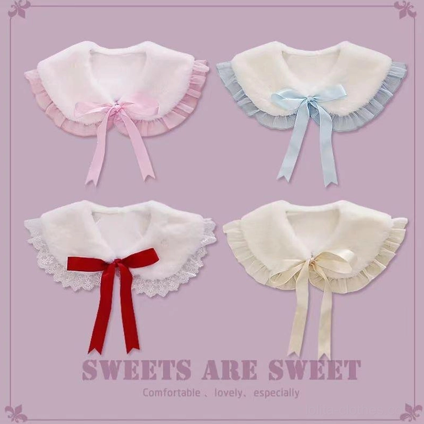 Four color options of Sweet Lolita plush false collars with satin bows and decorative ruffled edges on product display card