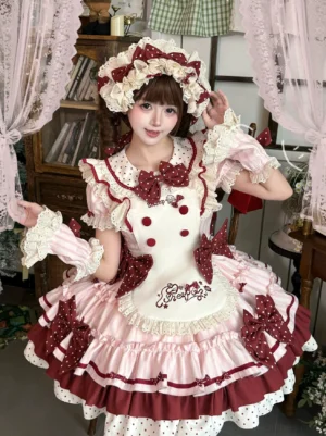 Sweet Lolita polka dot OP dress front view with pink wine red color scheme Peter Pan collar puff sleeves detachable embroidered apron