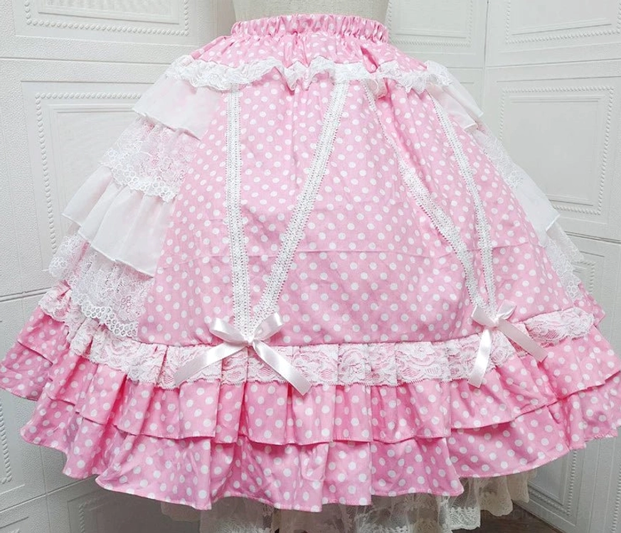 Pink Lolita skirt with white polka dots satin ribbon bows layered lace chiffon front display