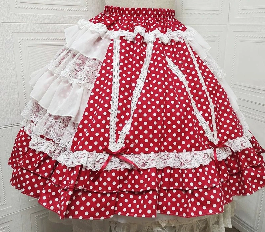 Red Lolita skirt with white polka dots layered chiffon lace hem elastic waistband front view
