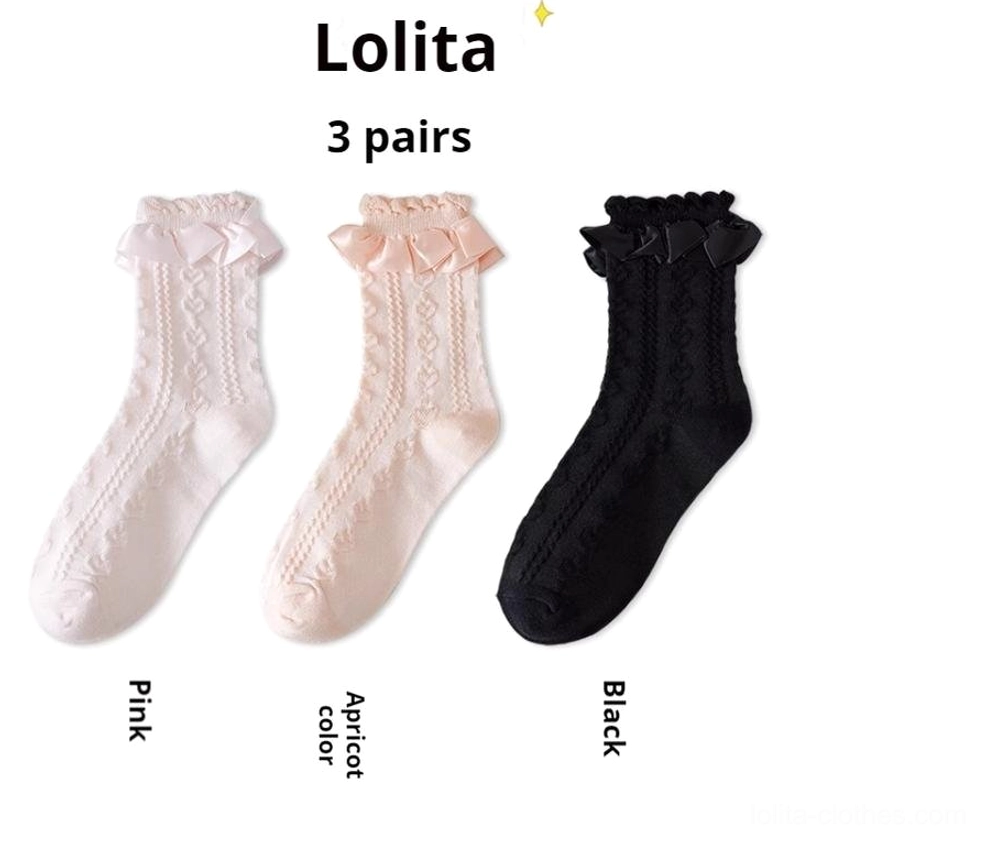 Three-pair Sweet Lolita princess mid-calf socks set in apricot pink black with twisted knit texture and ruffled cuffs flat lay product display