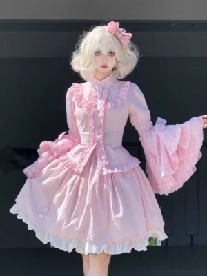 Pink sweet lolita blouse with princess sleeves and ruffled front placket worn with A-line lace skirt outdoor fashion portrait