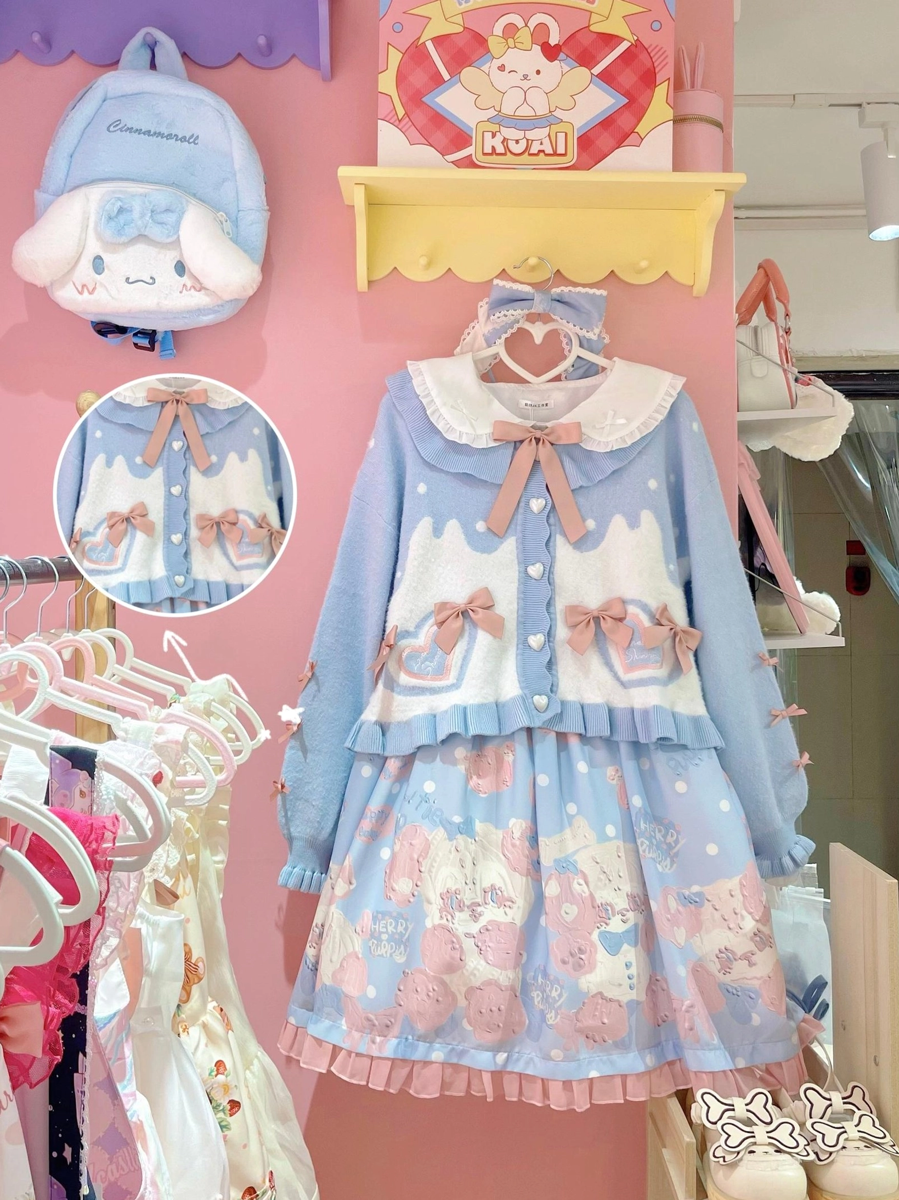 Sweet Lolita puff sleeve cardigan coat baby blue off-white doll collar bow tie front heart bow appliqués layered ruffled skirt hem display