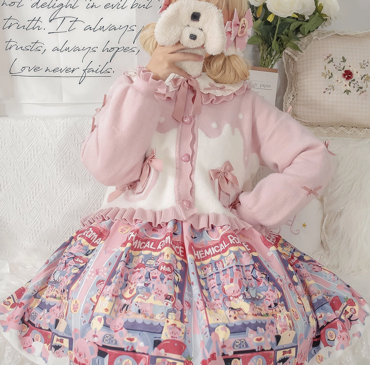 Sweet Lolita puff sleeve cardigan coat back view showing layered ruffles and silhouette