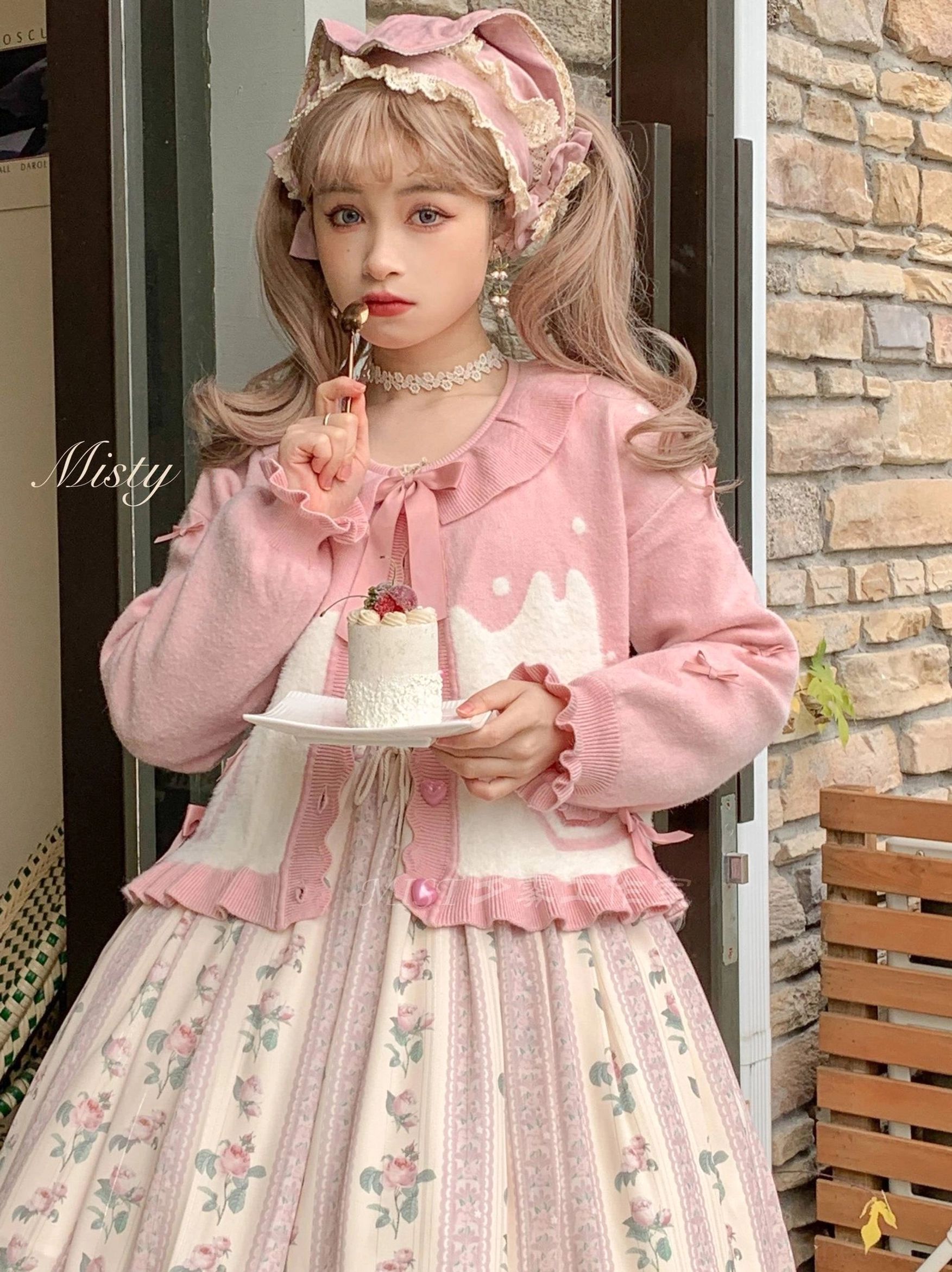 Sweet Lolita puff sleeve cardigan coat black pink color option with ruffled trim close-up