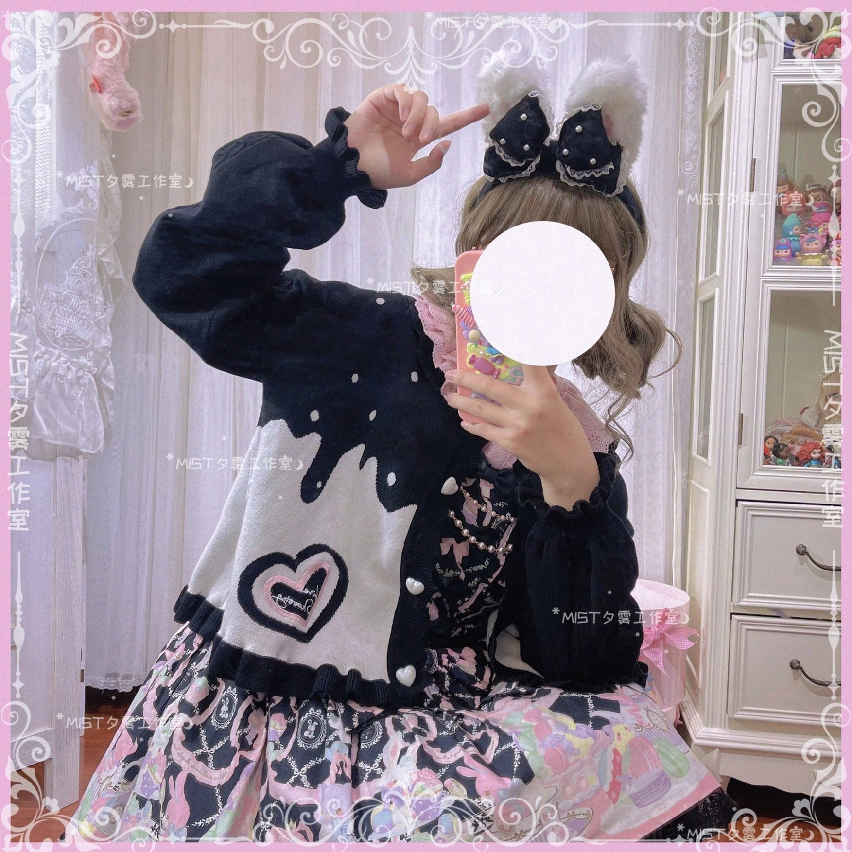 Sweet Lolita puff sleeve cardigan coat with bow hair accessories coordinated styling