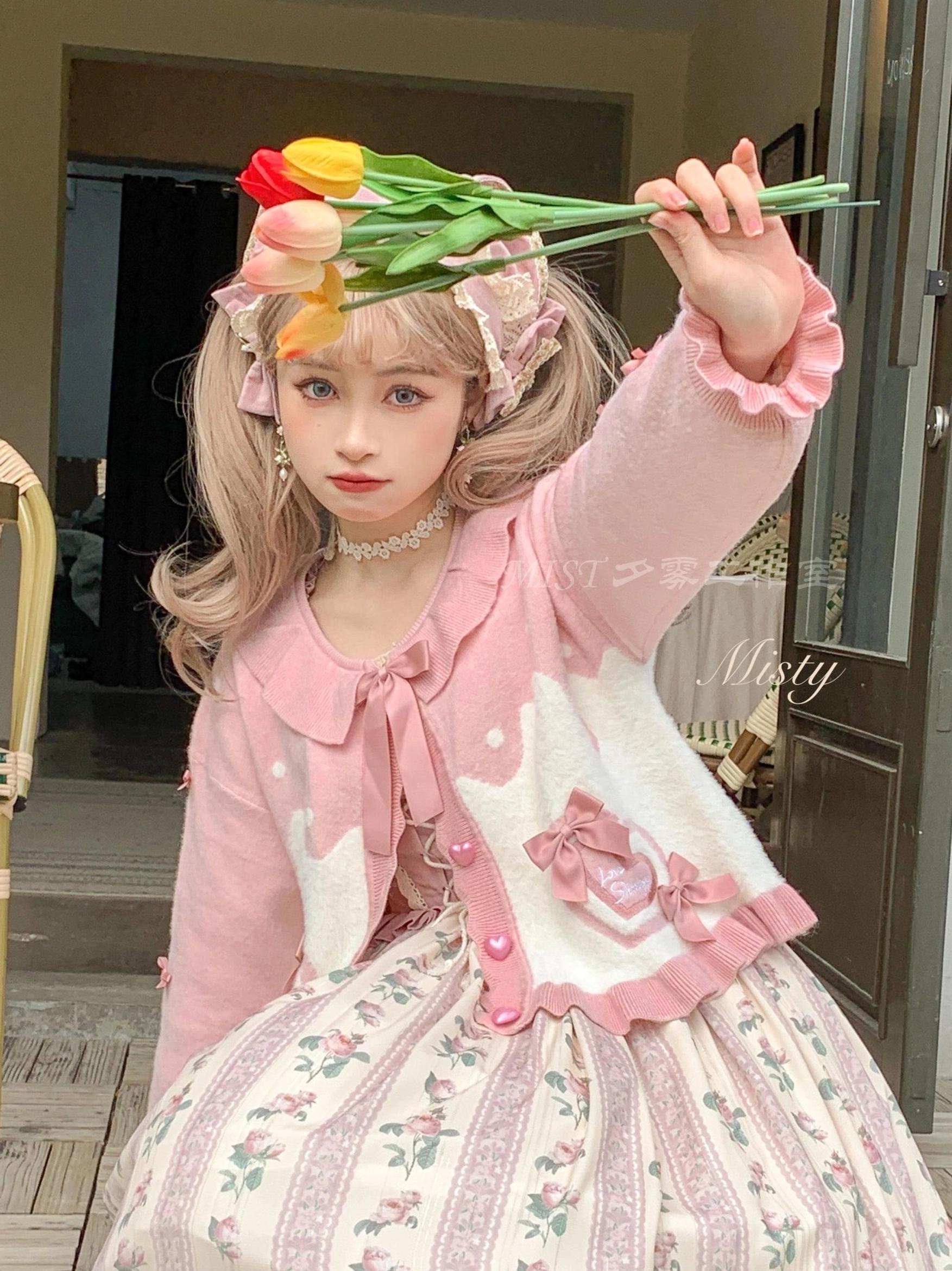 Sweet Lolita puff sleeve cardigan coat close-up detail bow tie collar and ruffled hem construction