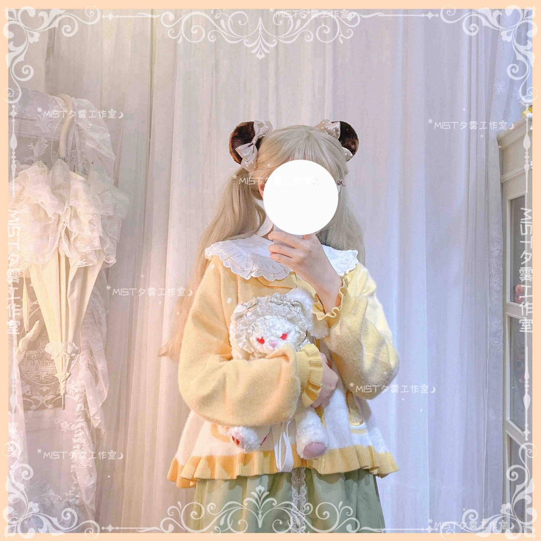 Sweet Lolita puff sleeve cardigan coat butter yellow with apricot bow set color option display
