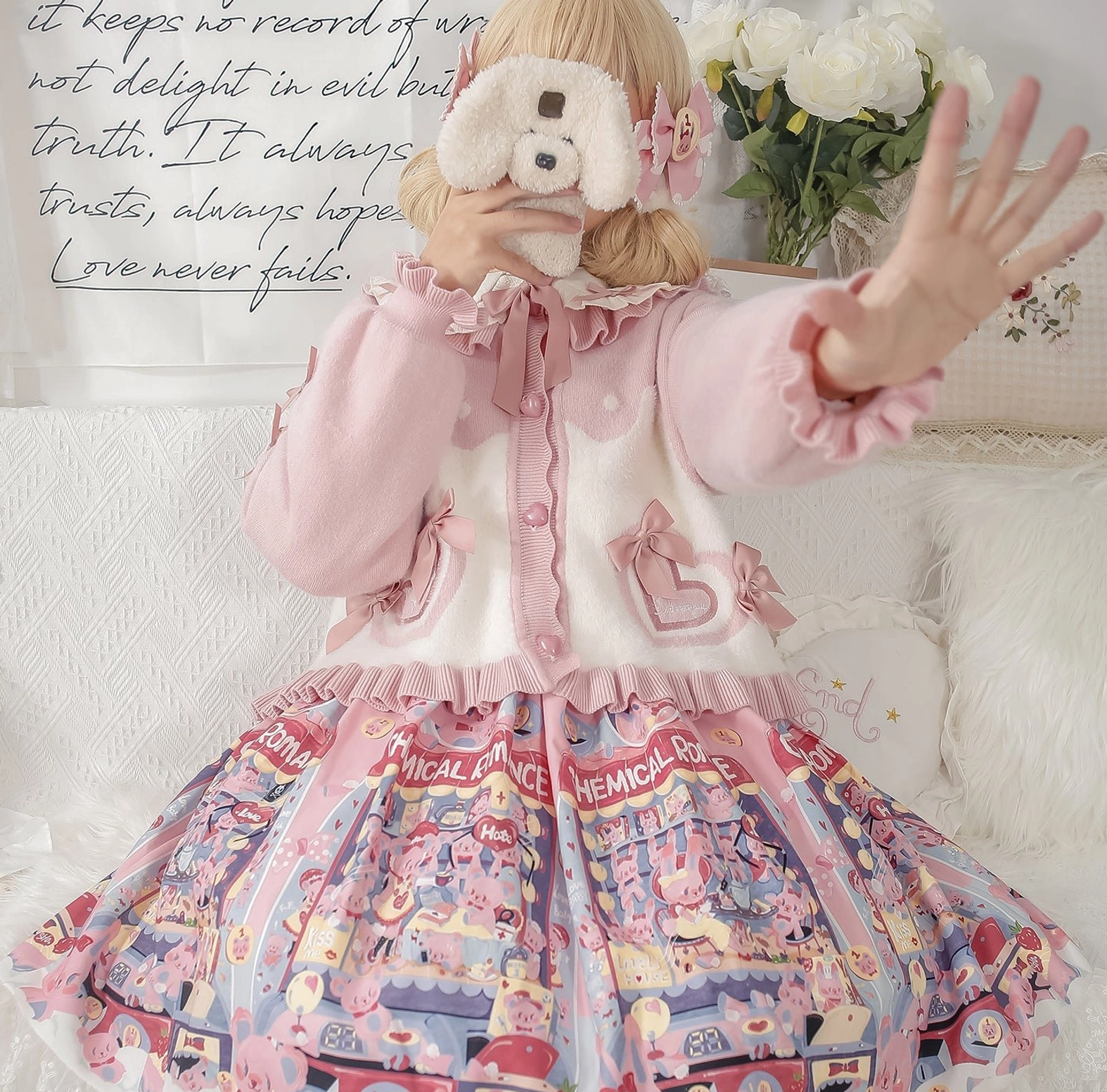 Sweet Lolita puff sleeve cardigan coat front view showing button closure and bow tie collar detail