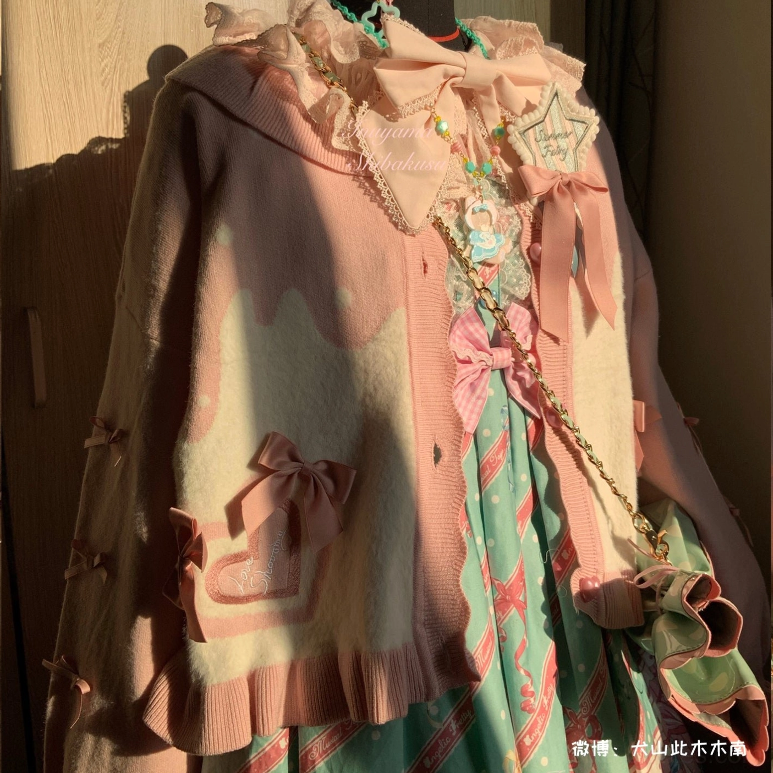 Sweet Lolita puff sleeve cardigan coat layering option with long sleeve shirt underneath