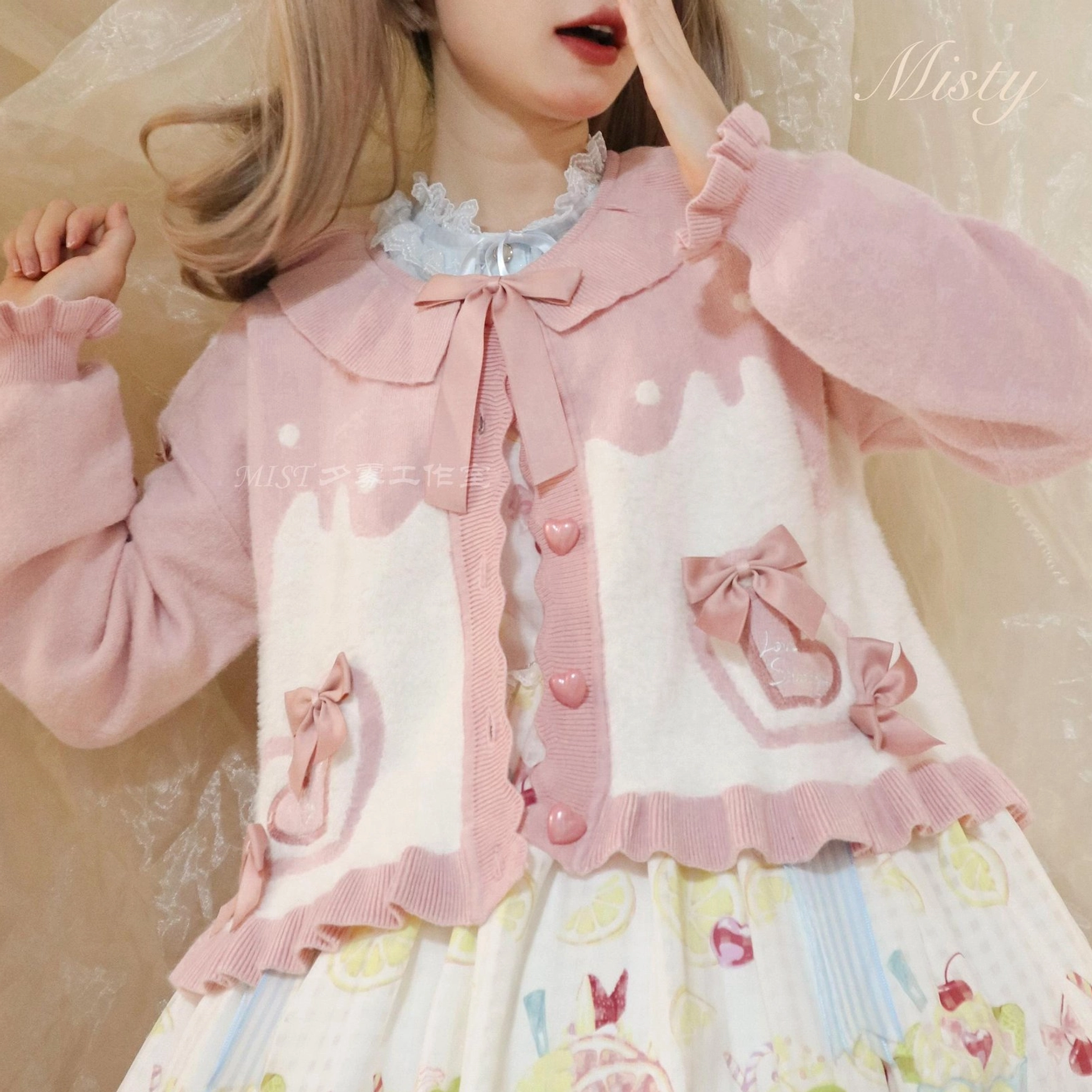 Sweet Lolita puff sleeve cardigan coat light green color option with apricot bow set coordination