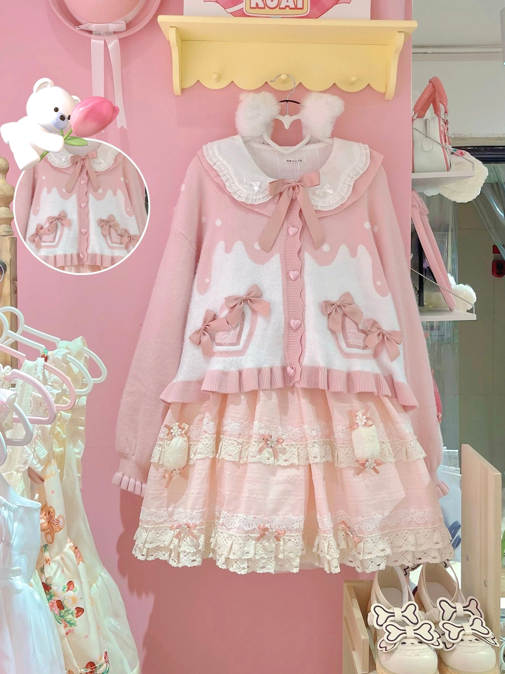 Sweet Lolita puff sleeve cardigan coat light pink off-white doll collar bow tie front heart bow appliqués layered ruffled skirt hem flat display