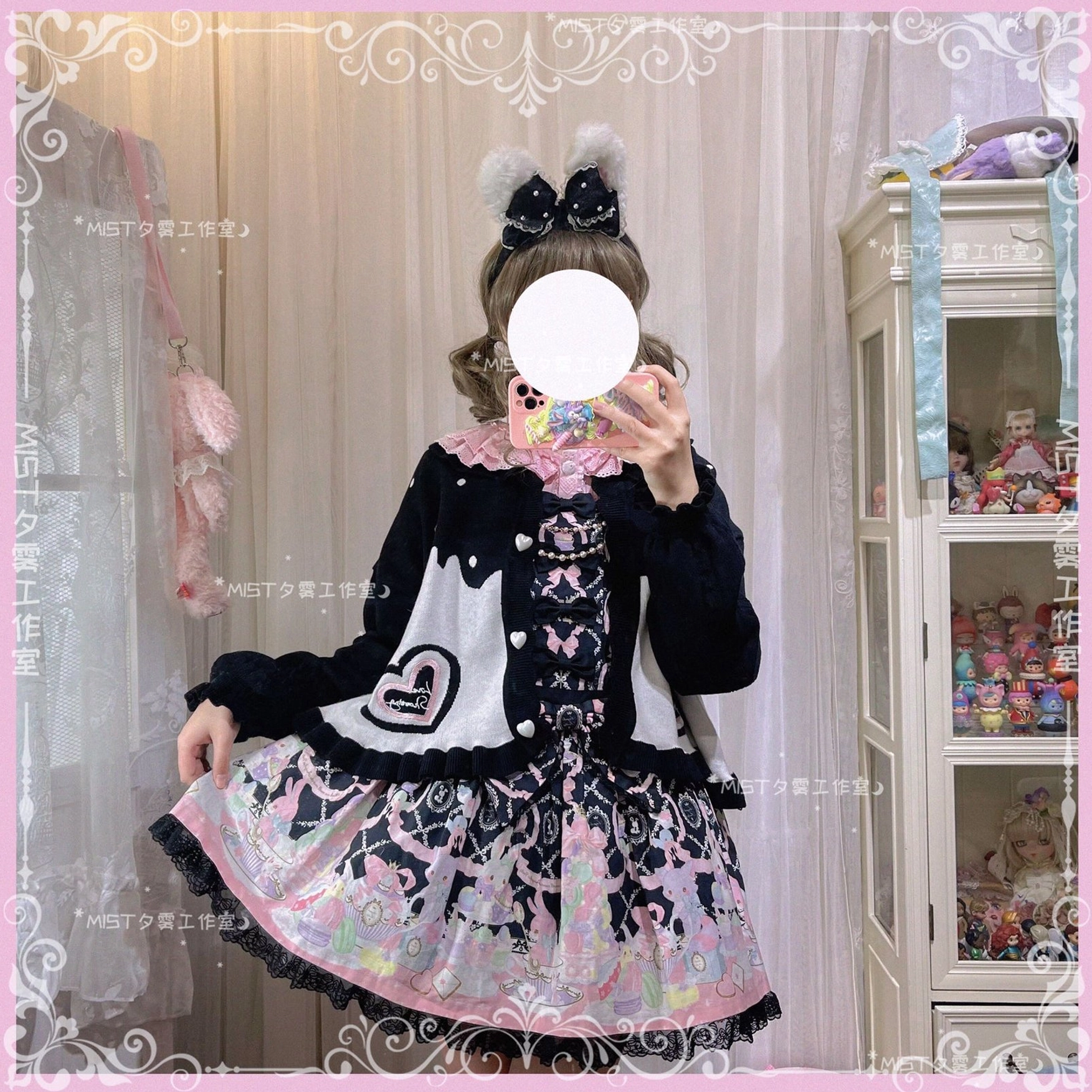 Sweet Lolita puff sleeve cardigan coat material composition showing polyester corduroy blend