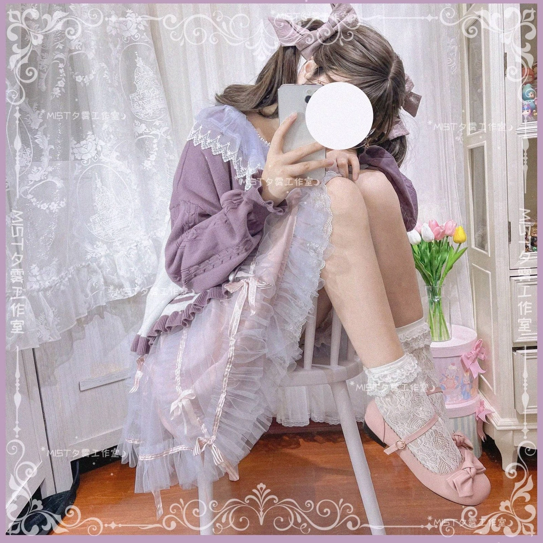 Sweet Lolita puff sleeve cardigan coat paired with coordinating Lolita skirt full outfit