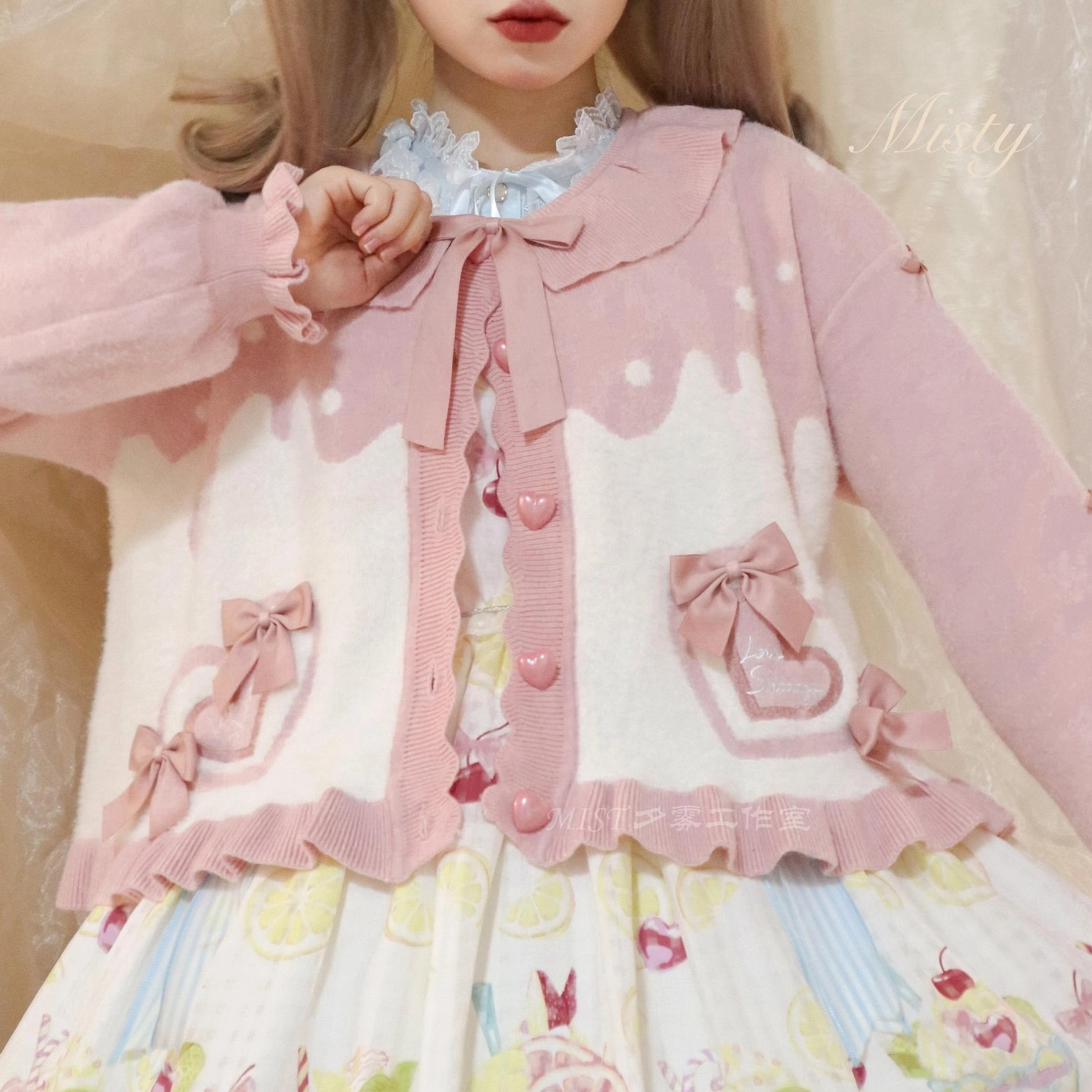 Sweet Lolita puff sleeve cardigan coat fabric texture showing pilling-resistant corduroy material quality