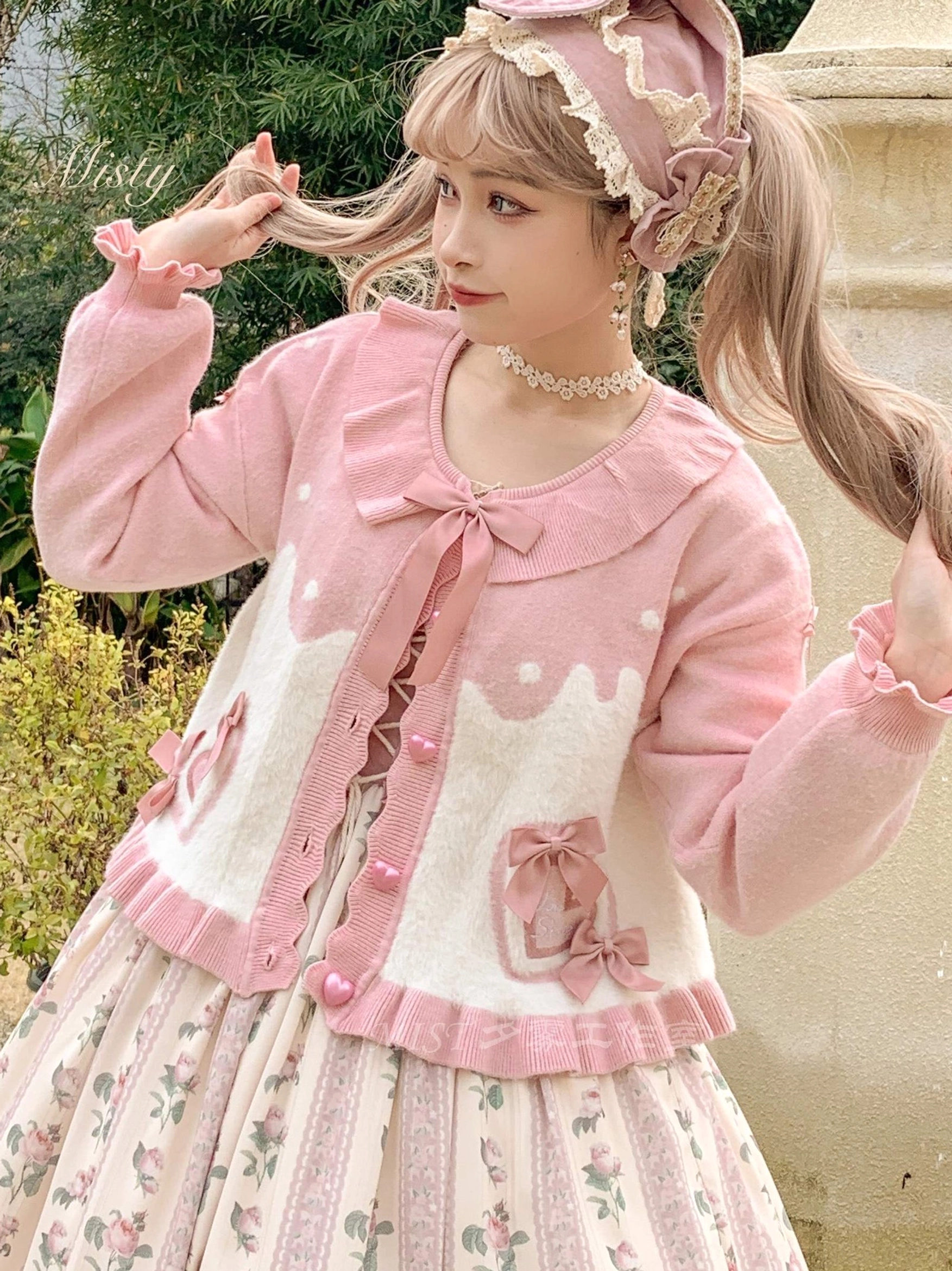 Sweet Lolita puff sleeve cardigan coat pink off-white bow tie collar heart bow appliqués ruffled cuffs with floral print skirt coordinate outdoor
