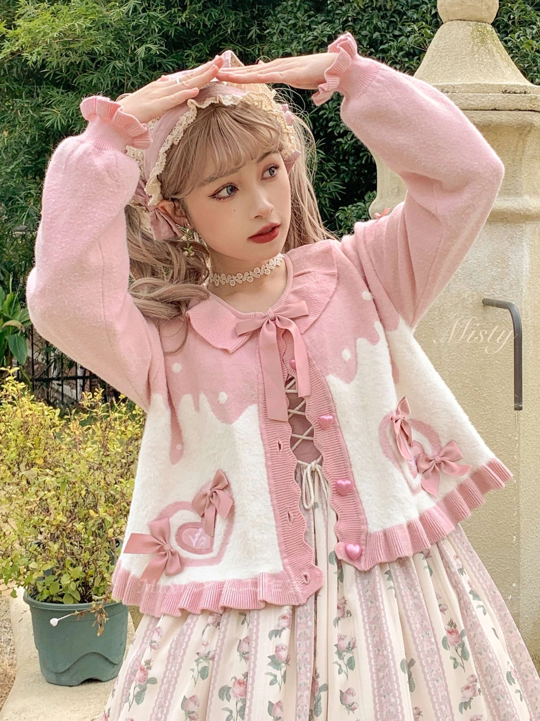 Sweet Lolita puff sleeve cardigan coat pink off-white with bow tie collar lace-up front detail heart bow appliqués ruffled cuffs and hem outdoor