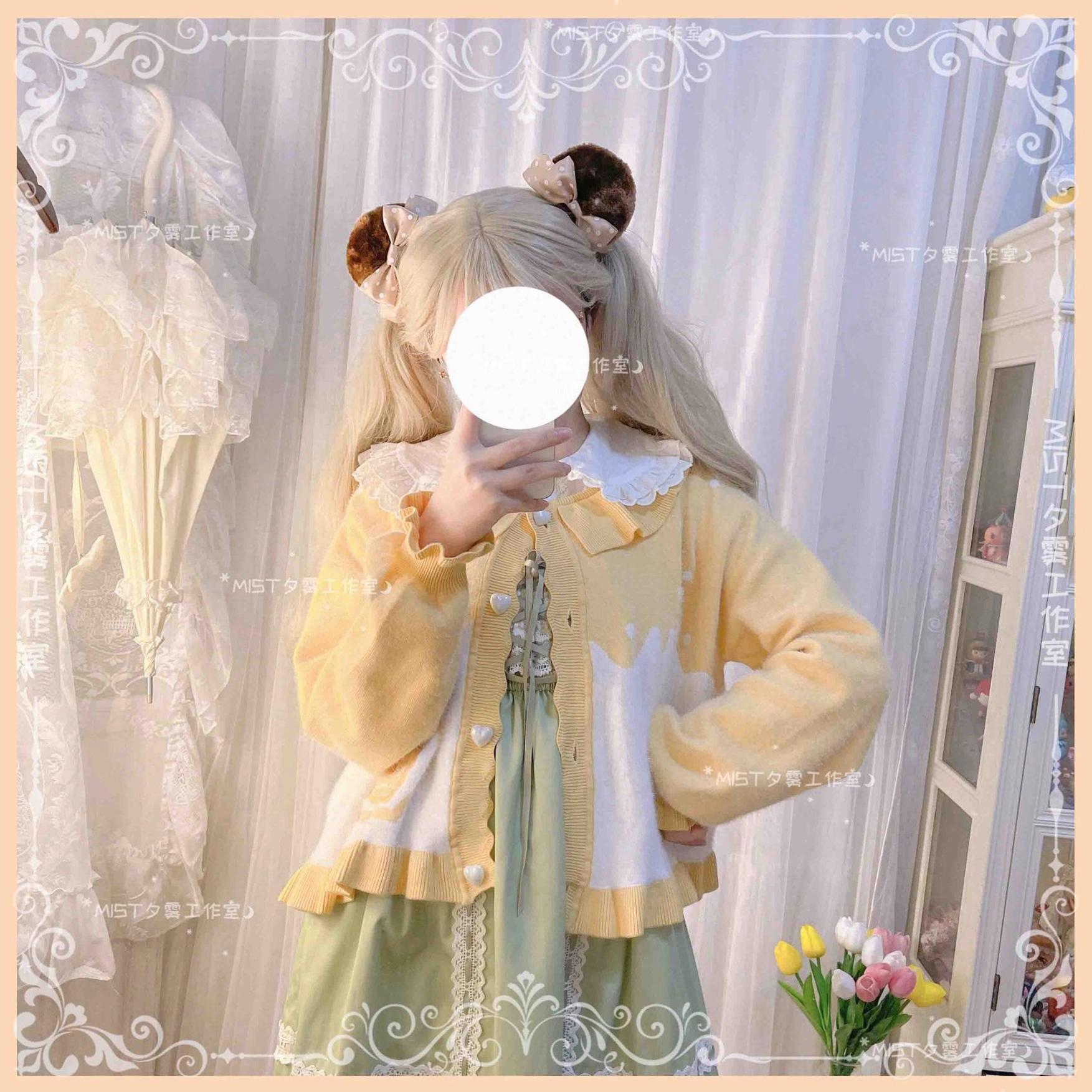 Sweet Lolita puff sleeve cardigan coat pink color option with pink bow set coordination display