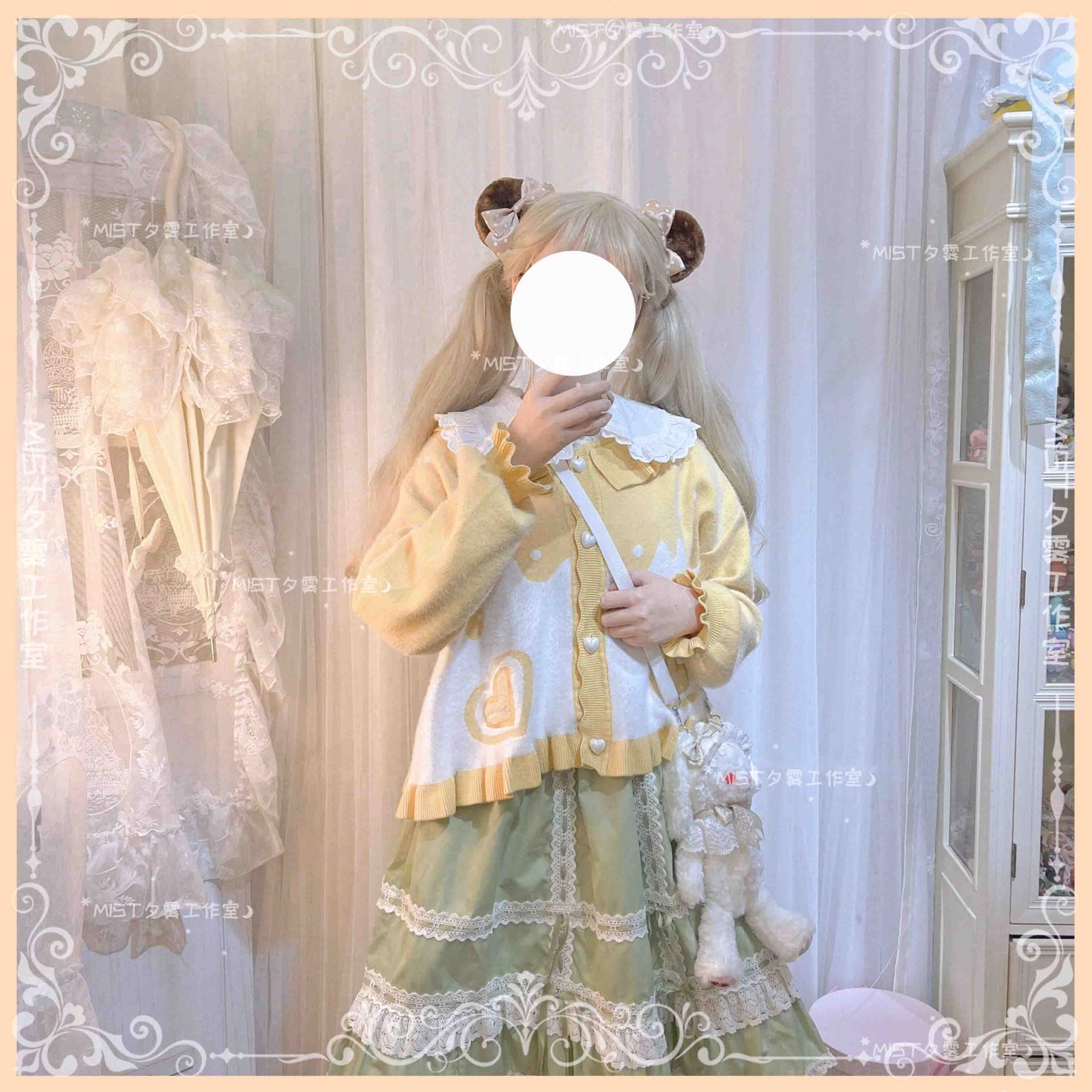 Sweet Lolita puff sleeve cardigan coat powder blue with pink bow set color option coordination