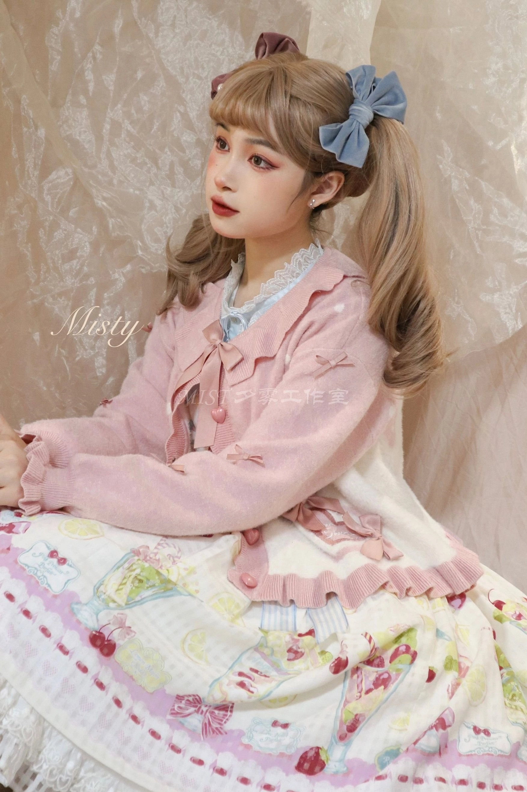 Sweet Lolita puff sleeve cardigan coat purple color option with bow tie front display