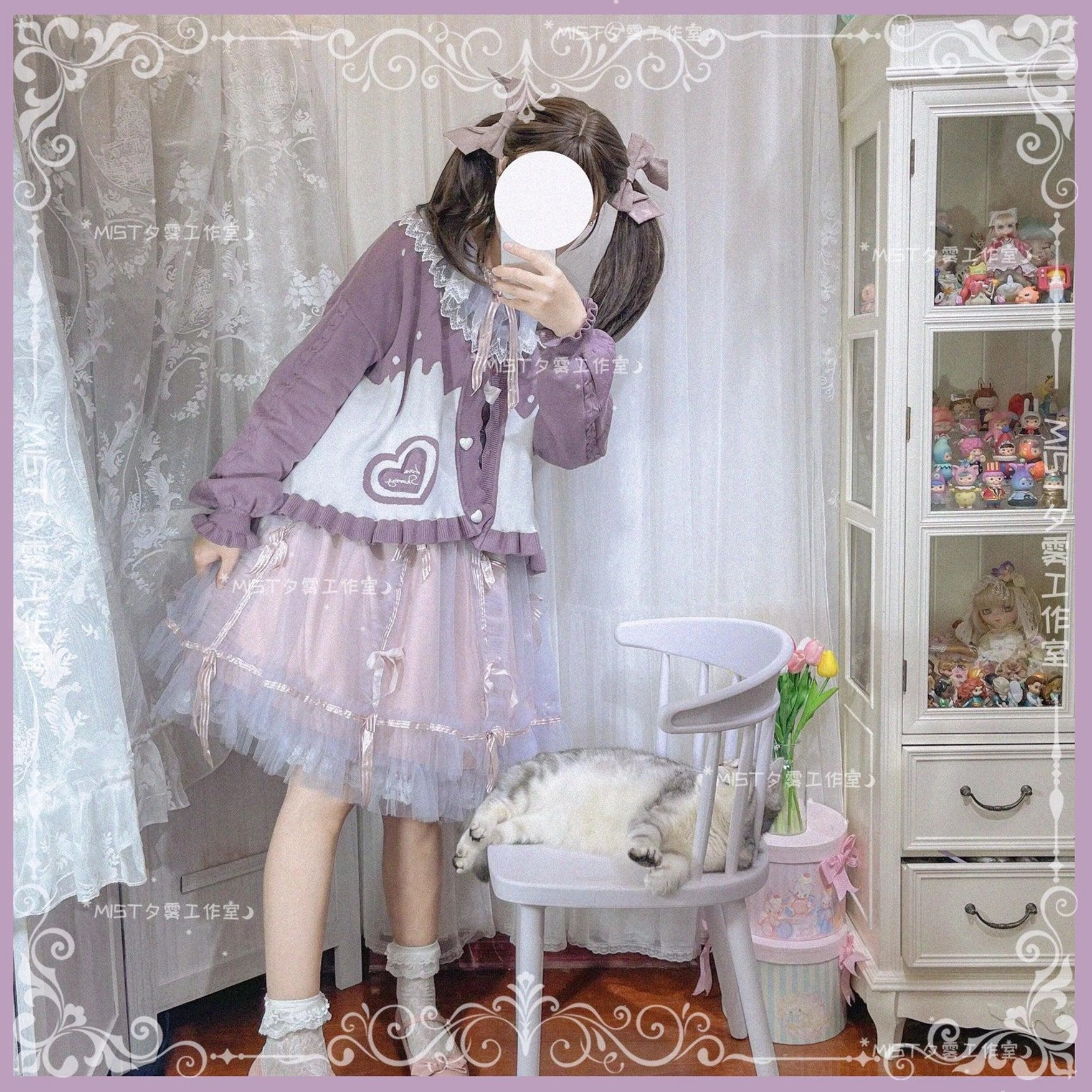 Sweet Lolita puff sleeve cardigan coat purple color option model wear photograph