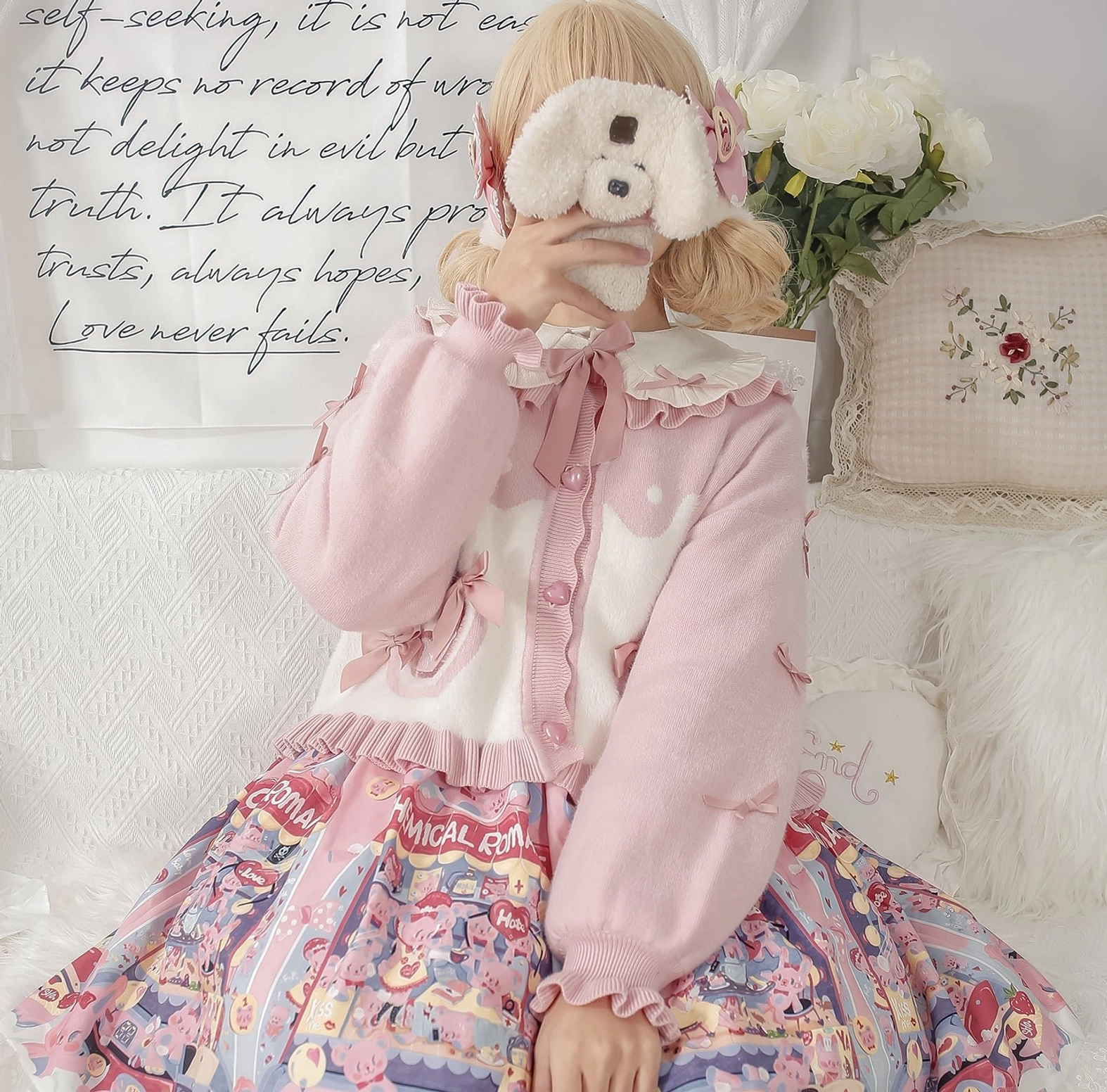 Sweet Lolita puff sleeve cardigan coat side view showing puff sleeve volume and hem ruffles